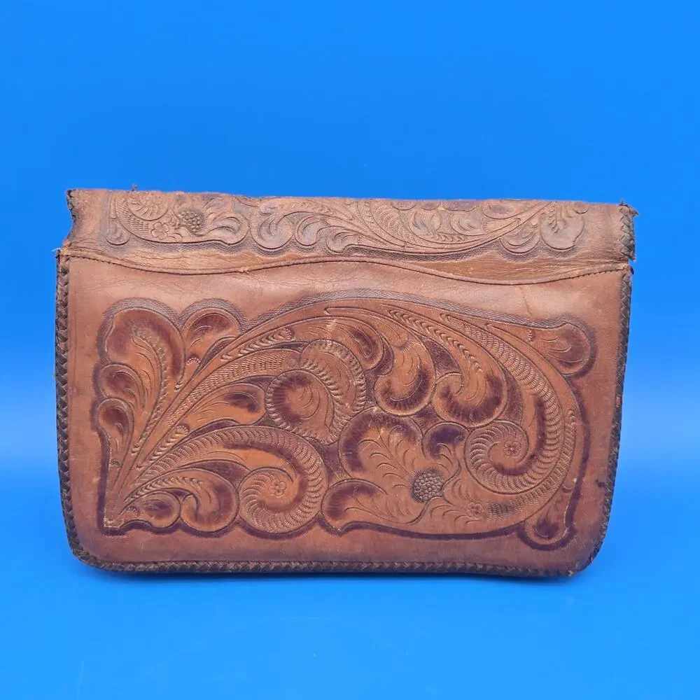 Vintage Tooled Leather Purse Floral Western Handbag Broken Strap Repair